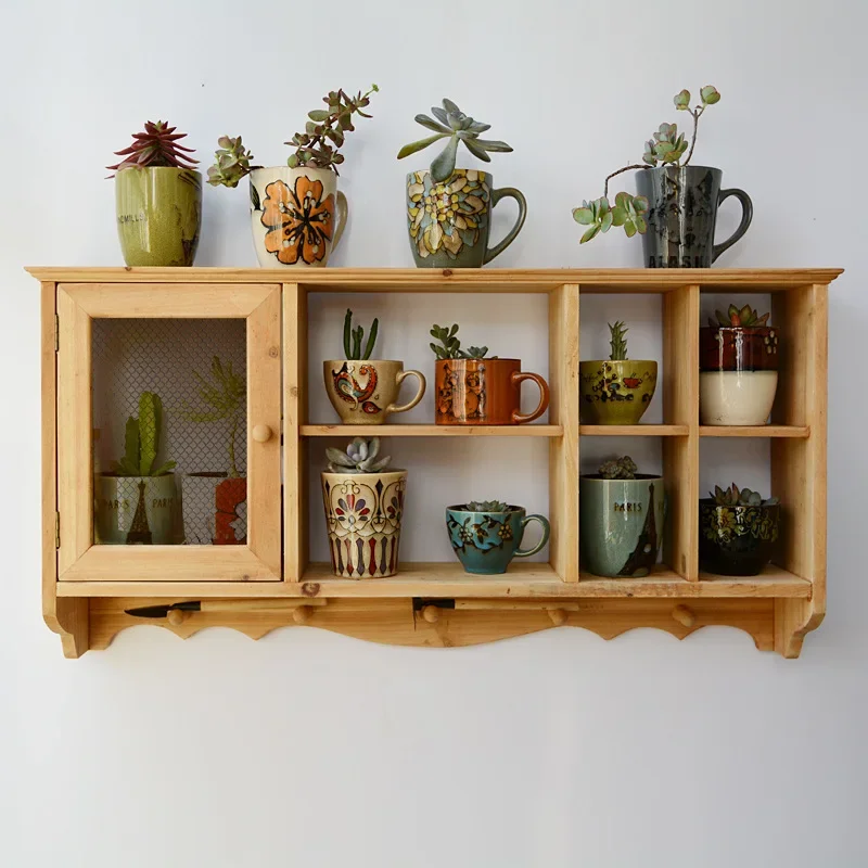 Solid wood retro storage wall rack cup with creative wall hanging cabinet