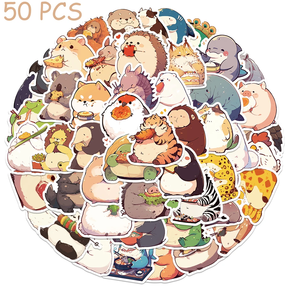 

50pcs Fat Animal Food Simple Doodles Stickers Cartoon Decals For Laptop Skateboard Suitcase Guitar Scrapbook Aesthetic Stickers