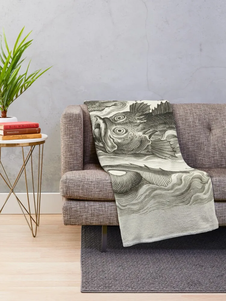 MEDIEVAL BESTIARY,Black White Fantastic Aquatic Animals and Sea Horse of Neptune Throw Blanket Furrys Beach Blankets