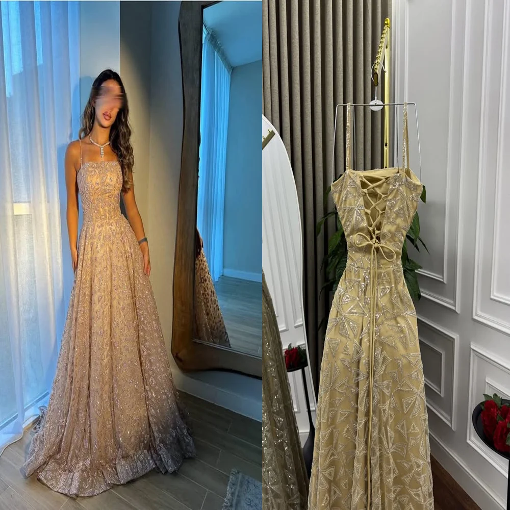 

Gorgeous Sleeveless Sequins Shiny A-line Evening Gown Boat Collar Long Lace up Back Party Gown with Train Customized vestidos de