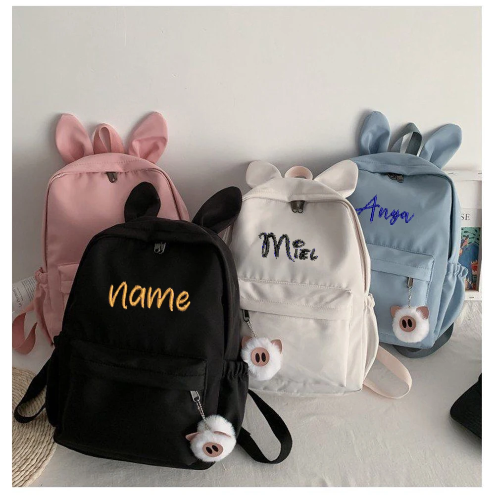 Mochila de orelhas de coelho personalizada e simples, tecido de nylon, nome bordado personalizado, bolsa de estudante masculina e feminina, nova moda