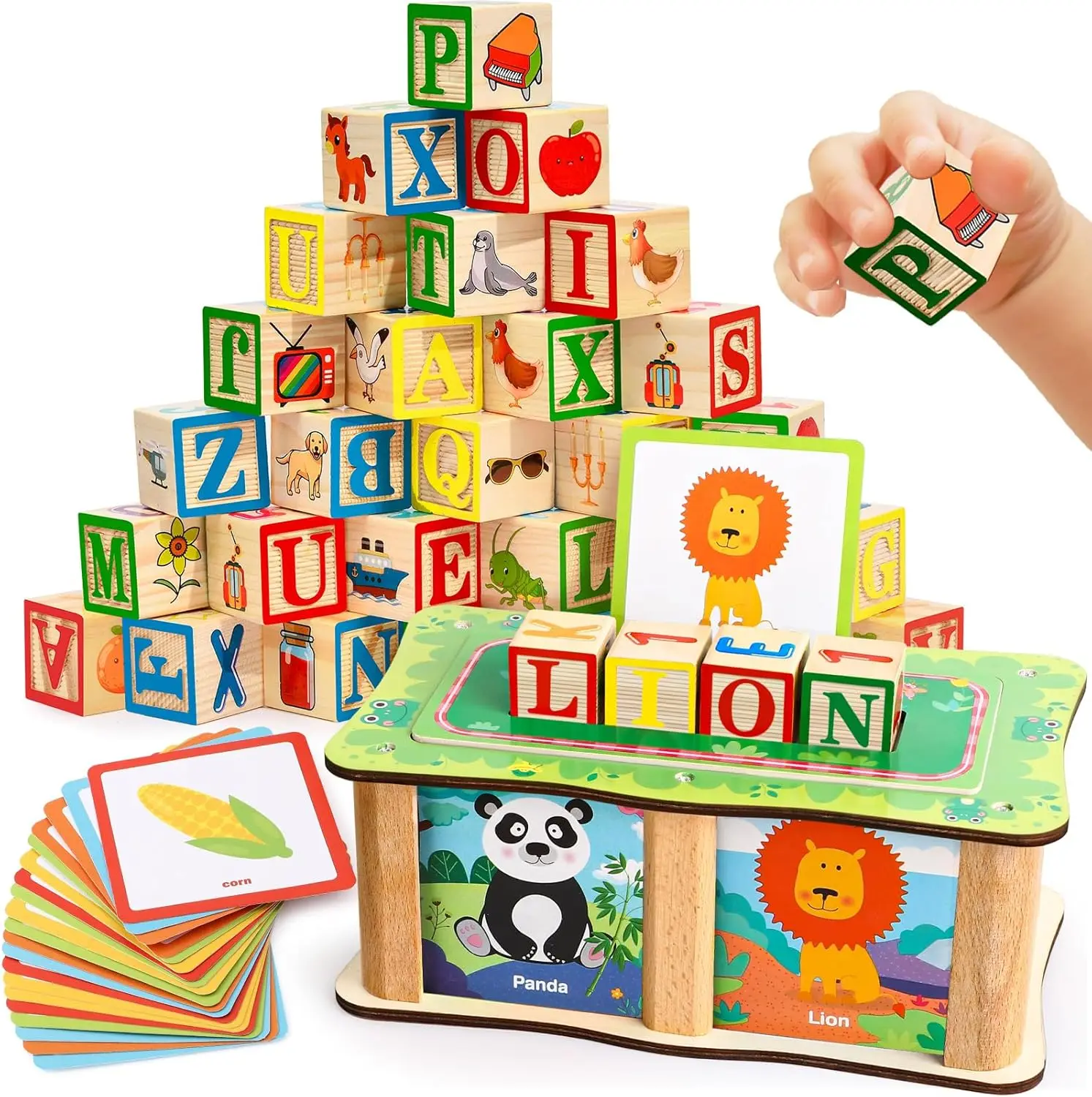 ABC Wooden Blocks for Toddlers 1-3 Alphabet Learning & Educational Toys with Box & Letter Spelling Matching Game, Boys Girls Mon