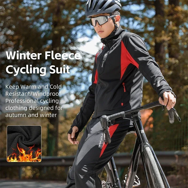 WEST BIKING Men's Winter Cycling Sets Long Sleeve Warm Fleece Reflective Bike Uniform With Pockets Reflective Thermal Sport Gear