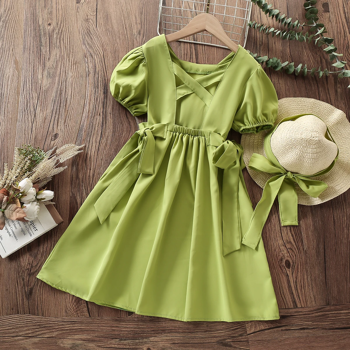 Kids Green Short Sleeve Dresses for Girls Princess Dress with Hat Baby Outfits Summer Children Costumes 4 5 6 7 8 9 10 12 Years