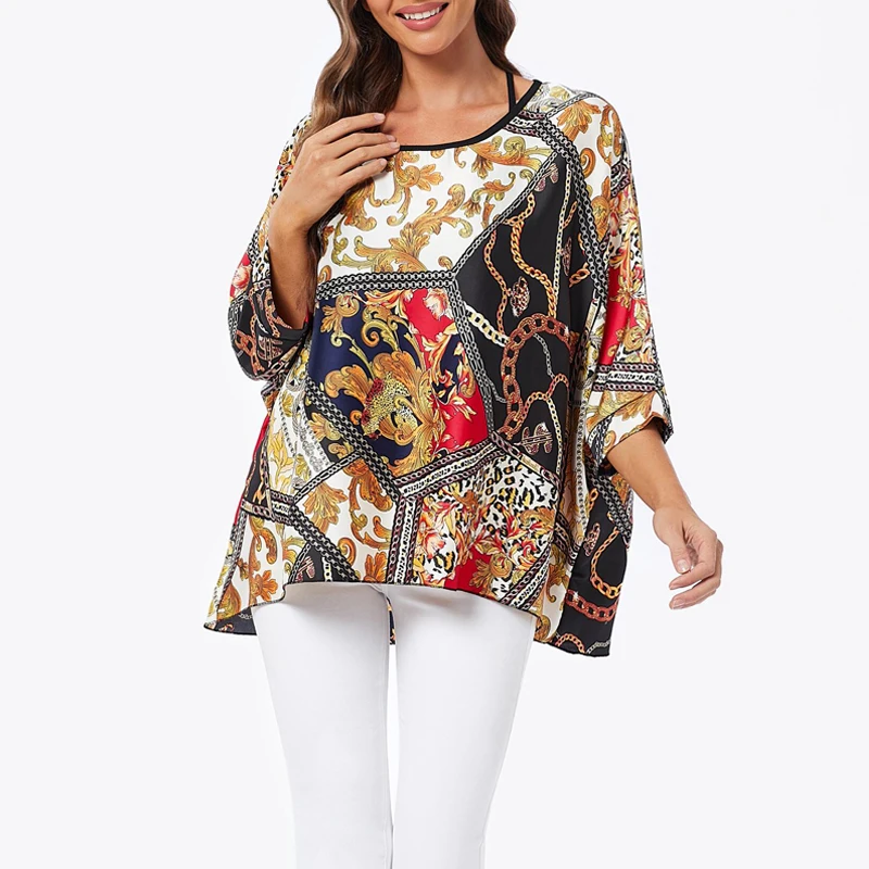 Chemise en mousseline de soie de style bohème pour femme, manches chauve-souris décontractées, col rond, haut imprimé, été, nouveau, 2023