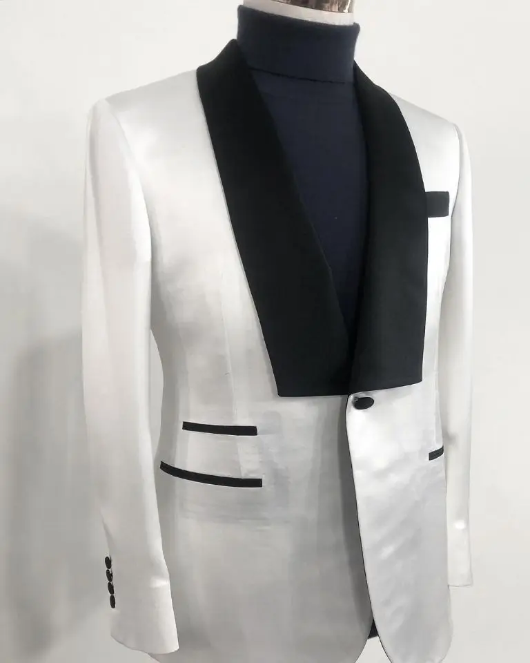 Einzigartige Weiß Herren Anzug One Button Schwarz Kragen Tailor-Made Smoking Einem-Stück Jacke Designer Hochzeit Bräutigam kostüm Gemacht