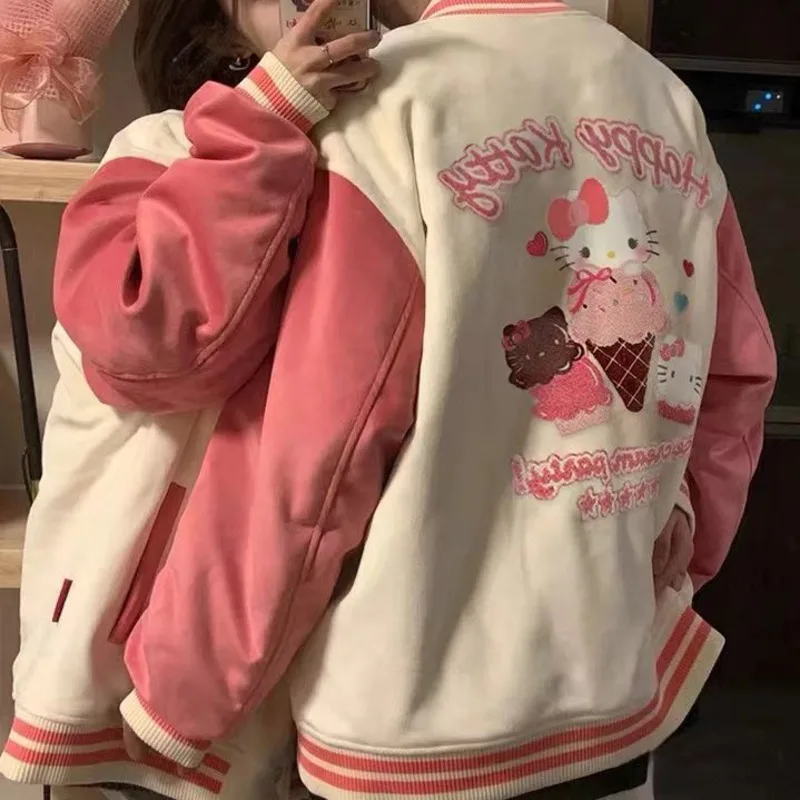 

Sanrio Hello Kitty розовая милая куртка женская осенне-зимняя толстая куртка с вышивкой корейское издание свободная бейсбольная форма для пар