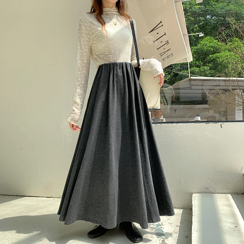 

Qiukichonson Maxi Long Skirt Women Pleated Skirt 2024 Autumn Winter Korea Casual High Waisted Thick Ruffle Black Grey Skirts rok