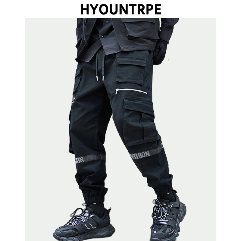 Mens Side Pockets Cargo Pants Elastic Waist Trousers Streetwear Hip Hop Loose Fit Ankle Drawstring Military Sweatpants Joggers