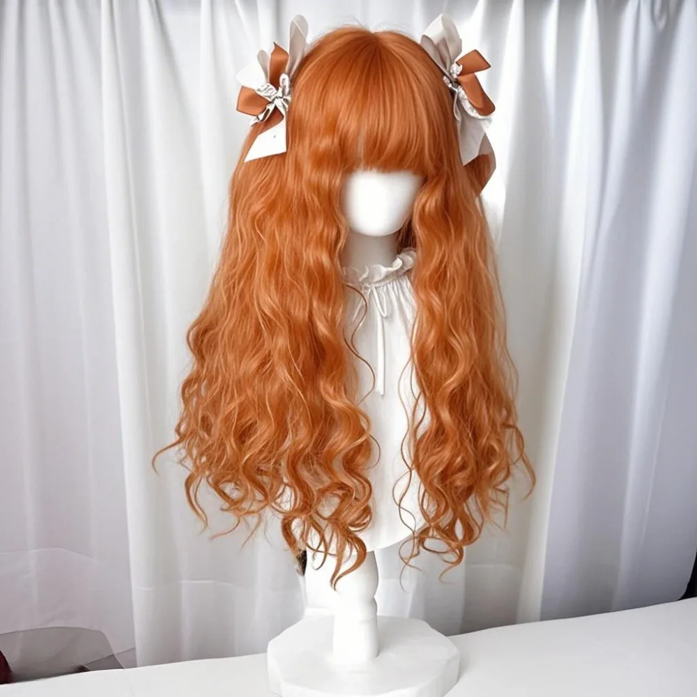 ‌Lolita Curly Wig - Sunset Ember Orange Wool Hair, Elegant Vintage Curls, Pumpkin Night Style Forest Fairy Long Hair for Cosplay