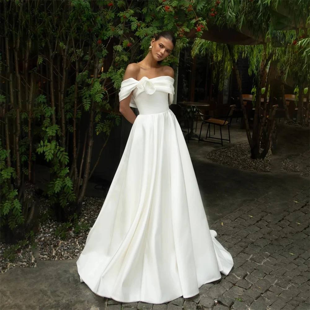 Elegant Pleat Flowers A-Line Wedding Dress Women 2026 Off The Shoulder Stain Open Back Bridal Gown Vestidos De Novia Customized