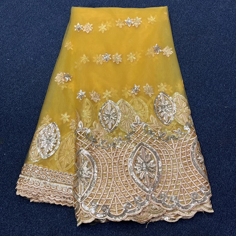 

2026 Yellow Hot Seller Embroidery French Sequin Lace Fabric, 5Yard African Lace Fabric, Nigeria Wedding Party Material for Women