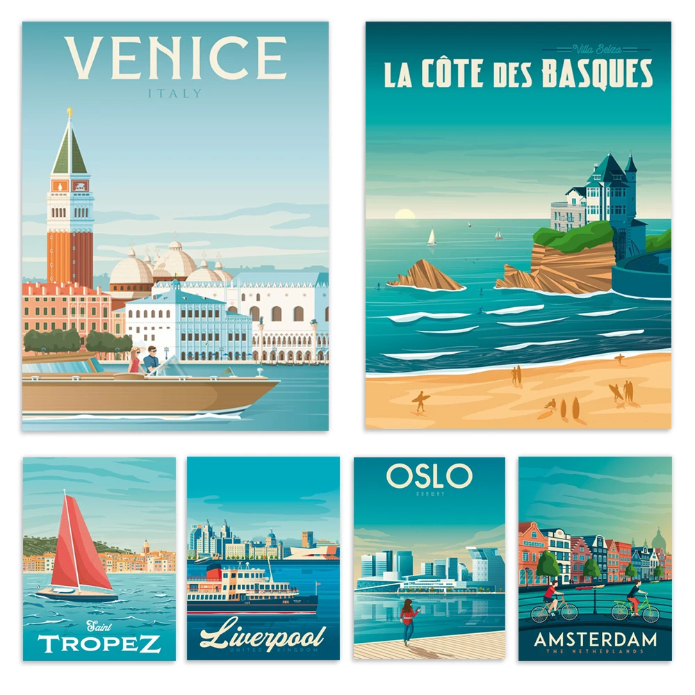Travel Posters Collection - Biarritz Tignes Ski Resort Lyon Venice Santorini Monaco Dublin Copenhagen Bayonne Saint Tropez Londo