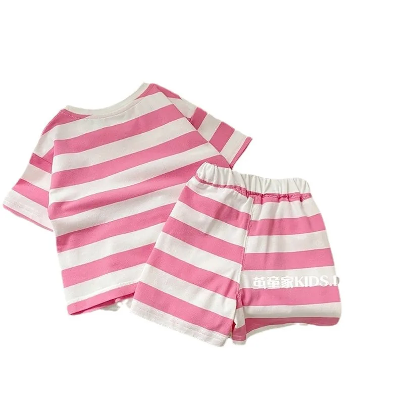 Boys and Girls Summer Suit 2024 Baby Thin Korean Style Striped Children\'s Short-sleeved Shorts Two-piece Set