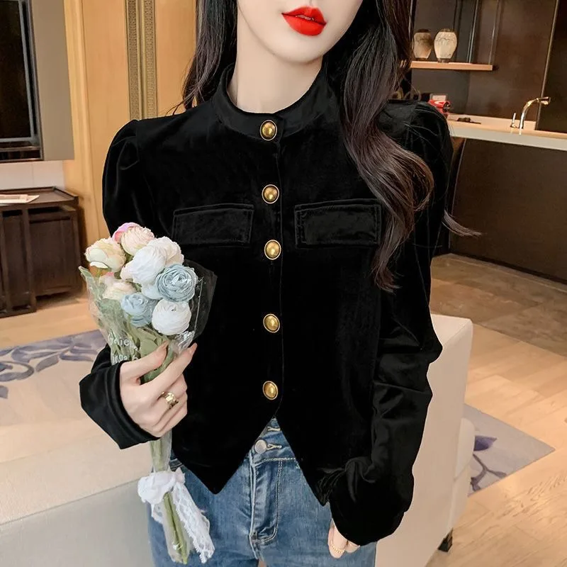 Autumn and Winter Long-sleeved Gold Velvet Women's Shirt Women's Waist-hugging Black Irregular Base Shirt Top