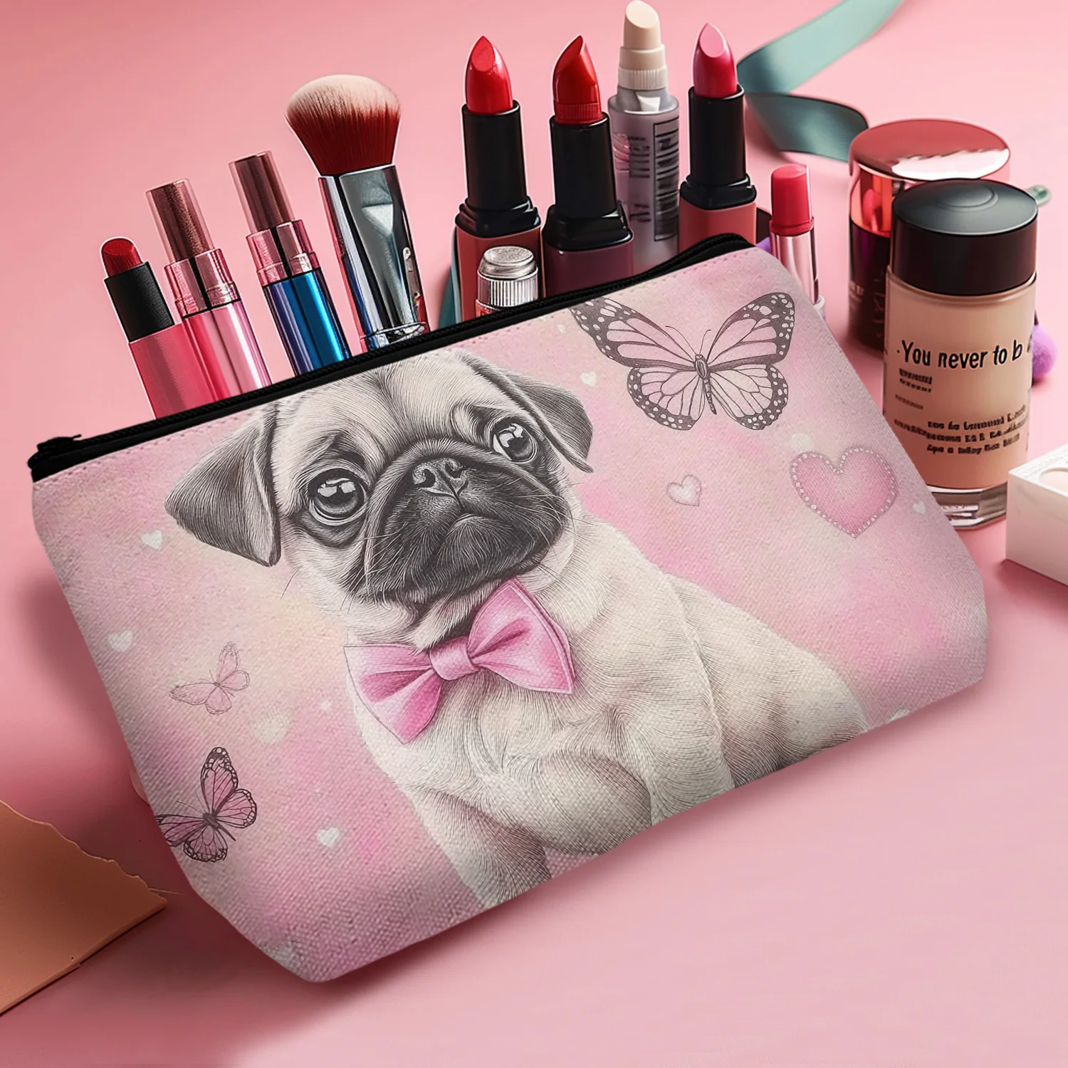 1Pc Honest Pug Butterfly Aesthetic Cosmetic Bag Durable And Fashionable Women'S Cosmetic Bag Suitable For Daily And Travel