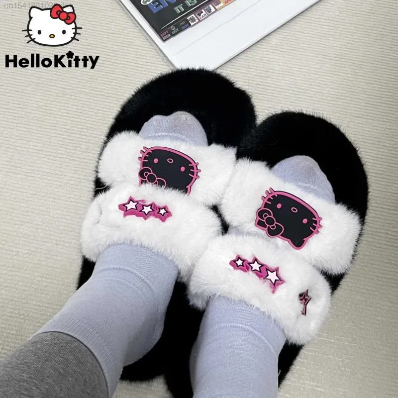 Sanrio Cute Plush Slippers Autumn And Winter New Home Thick Soled Shoes Korean Fashion Star Graphic Slippers Female Charms Shoes