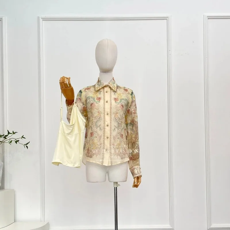 Traje Vintage con estampado Floral para mujer, blusa Beige de manga larga, Tops, pantalones cortos y falda, conjunto de moda de otoño 2026