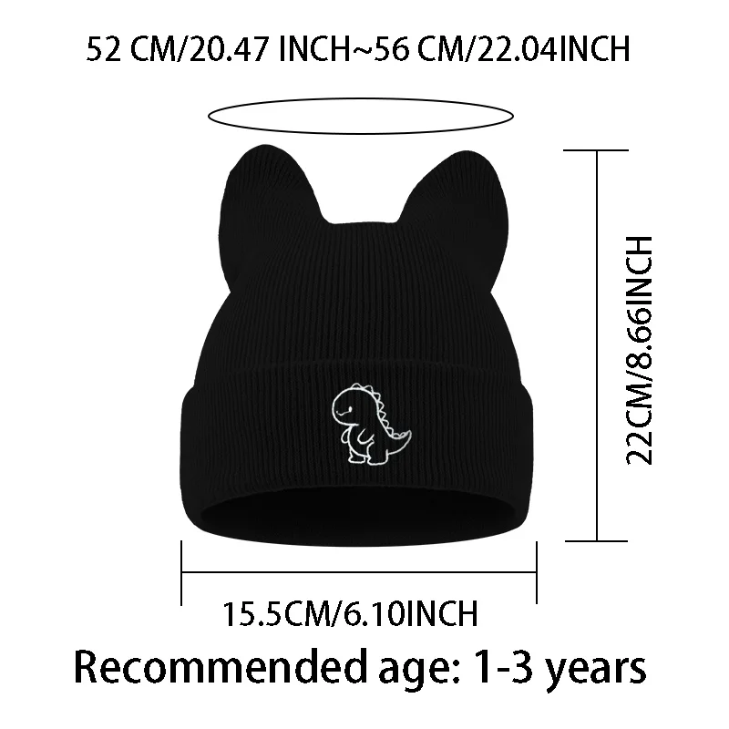 Toddler 1-3Y Sweet Cartoon Dinosaur Embroidered Knit Hat, Cozy Winter Cat Ear Beanie for Park Play & Kindergarten view 2