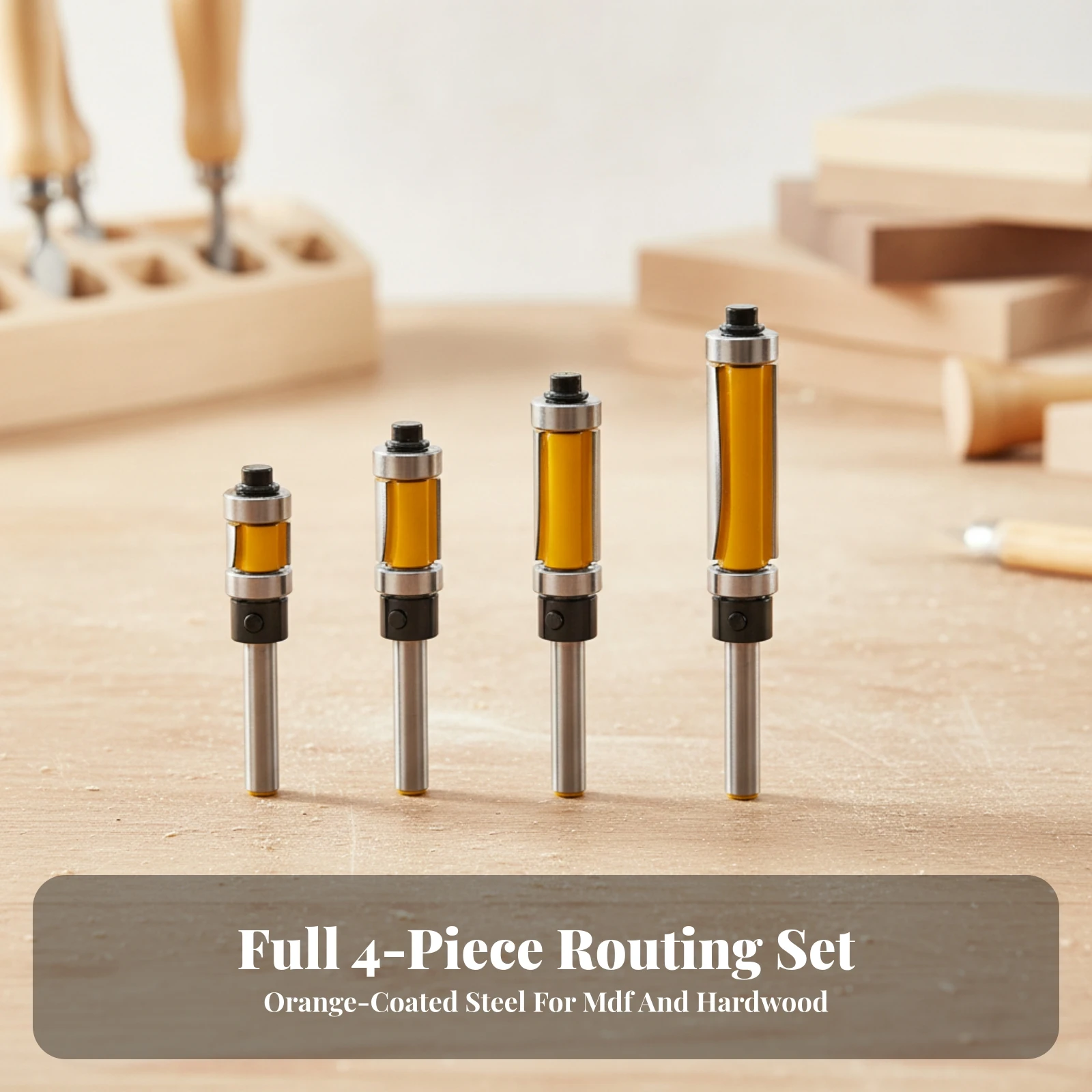4 Pieces Bearing-Guided Woodworking Trimming Router Bit Versatile Flush-Trim Router Bit with Dual Bearings Long Lasting Stable