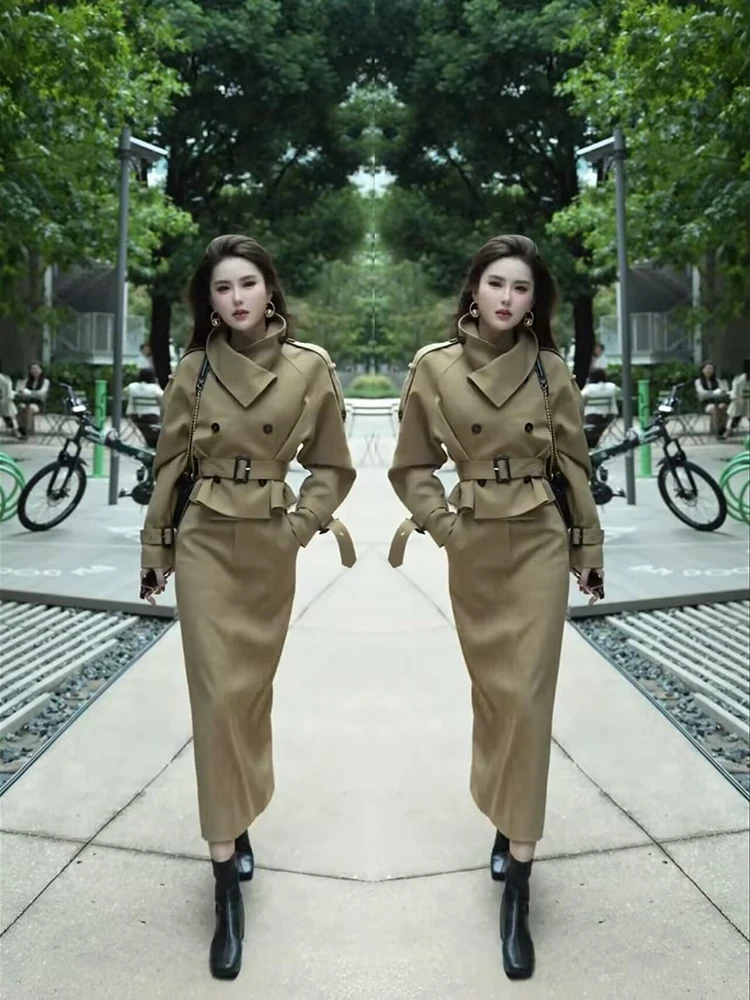 

Korean fashion temperament women stylish and slimming versatile stand up collar jacket+high waisted skirt two-piece set