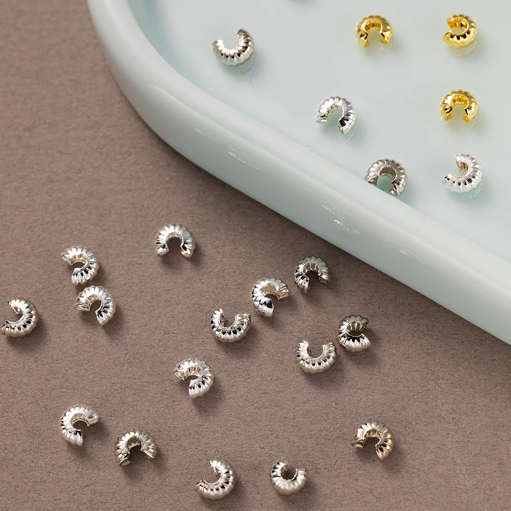 50 Stück 18K vergoldete offene Quetschperlen-Abdeckungen, gestreifte Quetsch-Endperlen, Stopper, DIY-Handwerkszubehör für die Schmuckherstellung – Detail 4