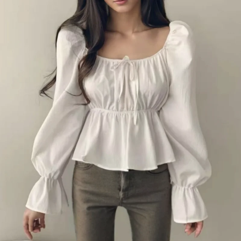 2024 Fashion New Ruffle White Long sleeved Women\'s Blouses Square Neck Sexy Short Shirt Korean Style Flare Sleeve Sweet Tops