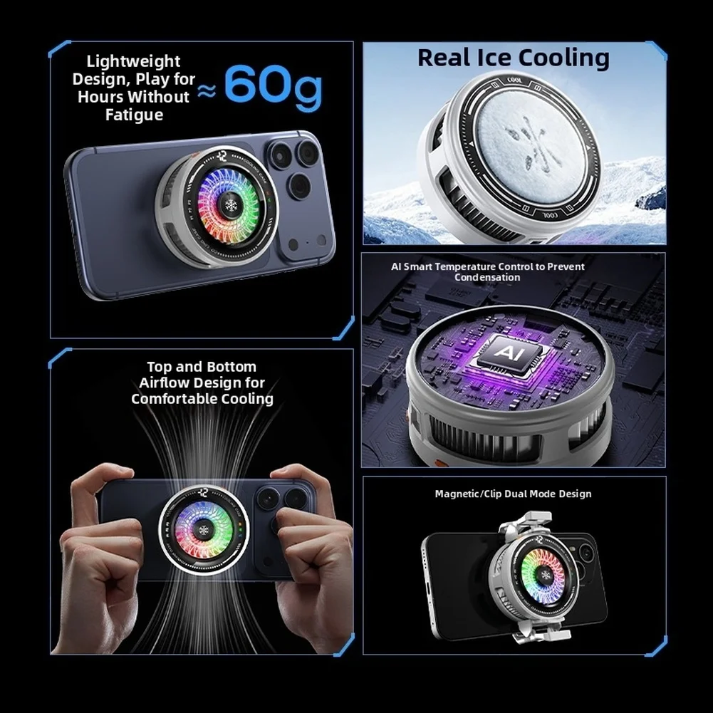 15W Magnetic Phone Cooler with Semiconductor Cooling Ice Mode RGB Lighting and P3 P2 P1 AI Smart Cooling Modes
