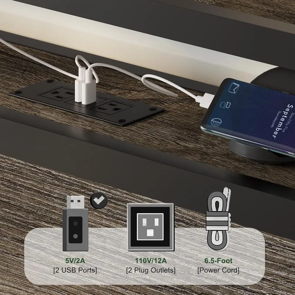 Struttura letto industriale con piattaforma king size grigia rustica con testiera portaoggetti incorporata a 2 livelli, stazione di ricarica e Desi silenzioso