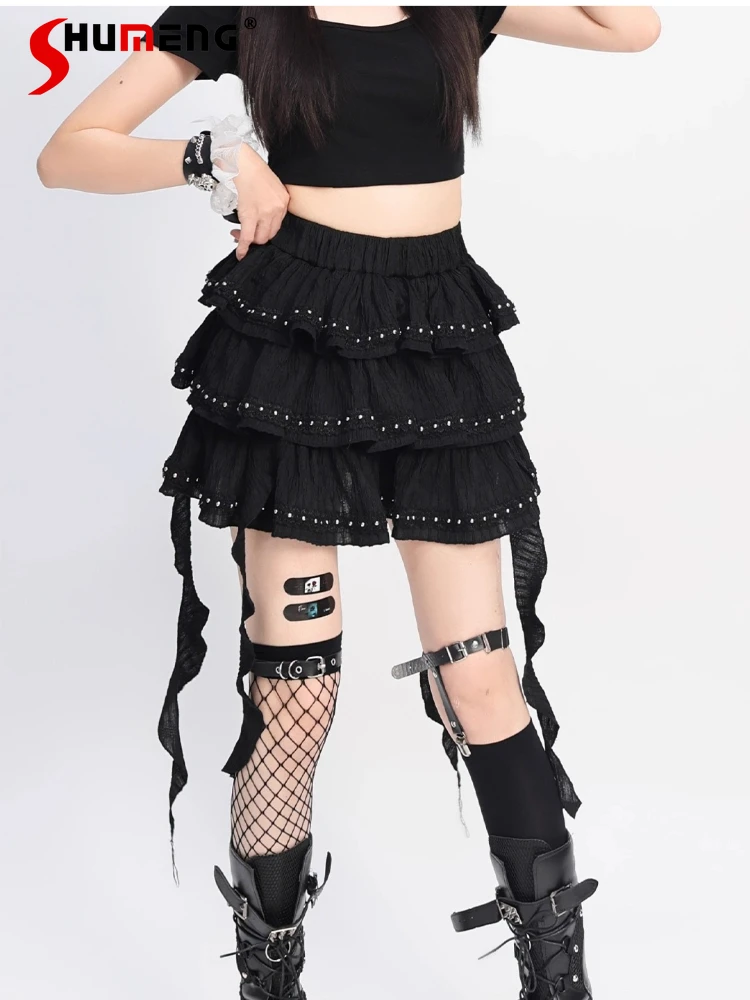 

Highstreet Sweet Cool Girl Lace Ballet Style Rivet Cake Skirt Elastic High Waist Elegant Versatile Black Mini Skirt Women Summer