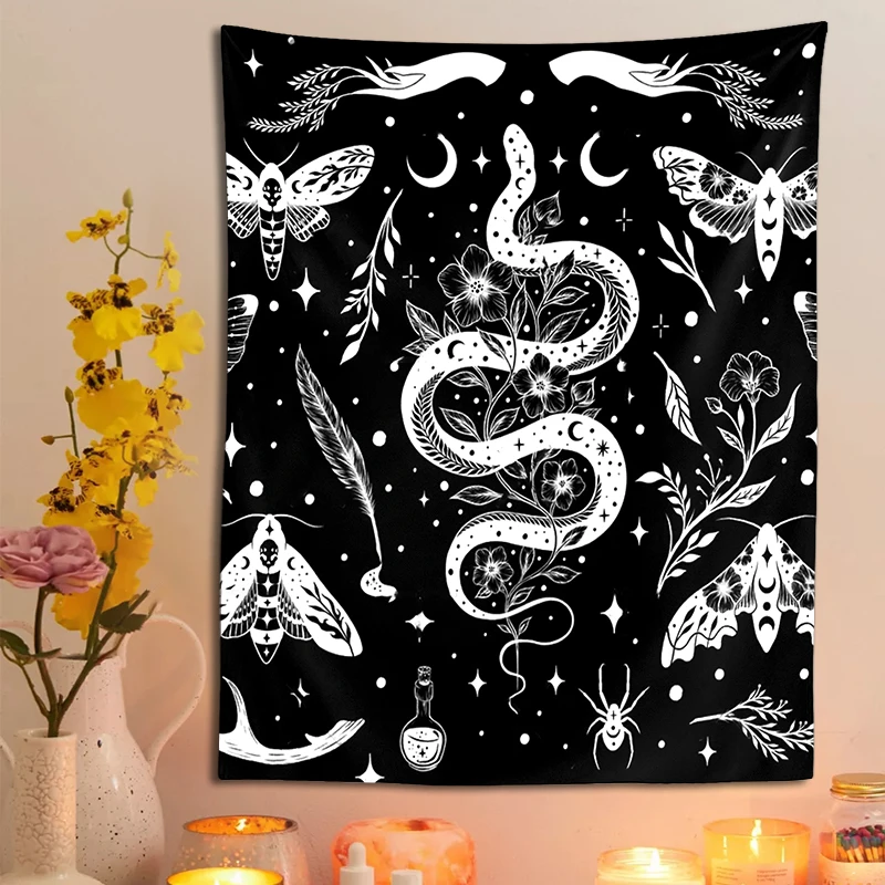 Tapiz de serpiente de polilla para colgar en la pared, tapices de flores, luna psicodélica, plantas, arte bohemio para habitación, decoración del hogar, paño blanco y negro