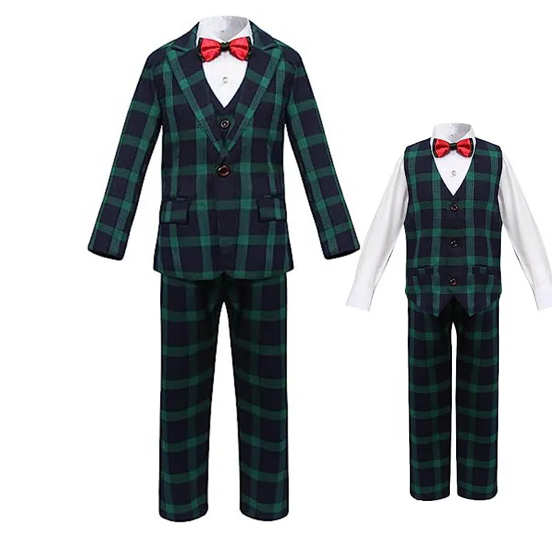 

Price Boys Green Party Wedding Suit Kids Jacket Vest Pants Bowtie 4PS Tuxedo Dress Children Speech Host Piano Photography Suit