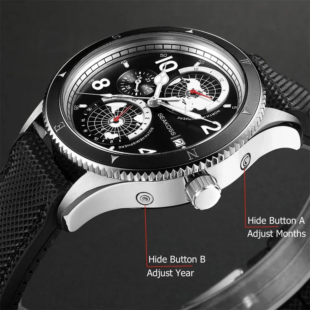 SEAKOSS 100M Men's Diving Watch Fully Automatic Mechanical Watch Year Month 24 Hours Display FKM Strap Super Luminous Wristwatch