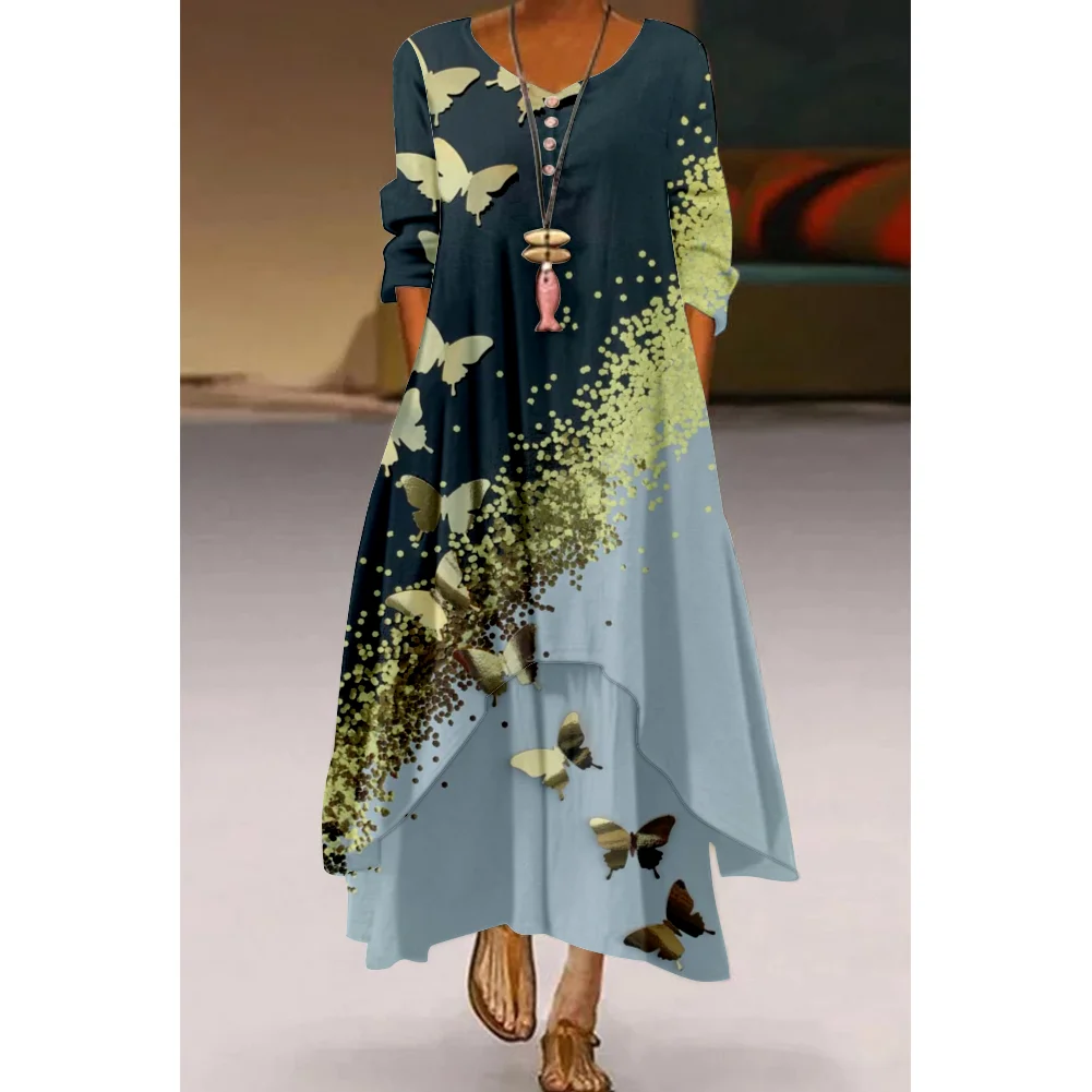 New Butterfly 3D Printing Long Dress Sexy Fashion Retro Self-cultivation Party Casual Elegance Simple Female Daily Dress