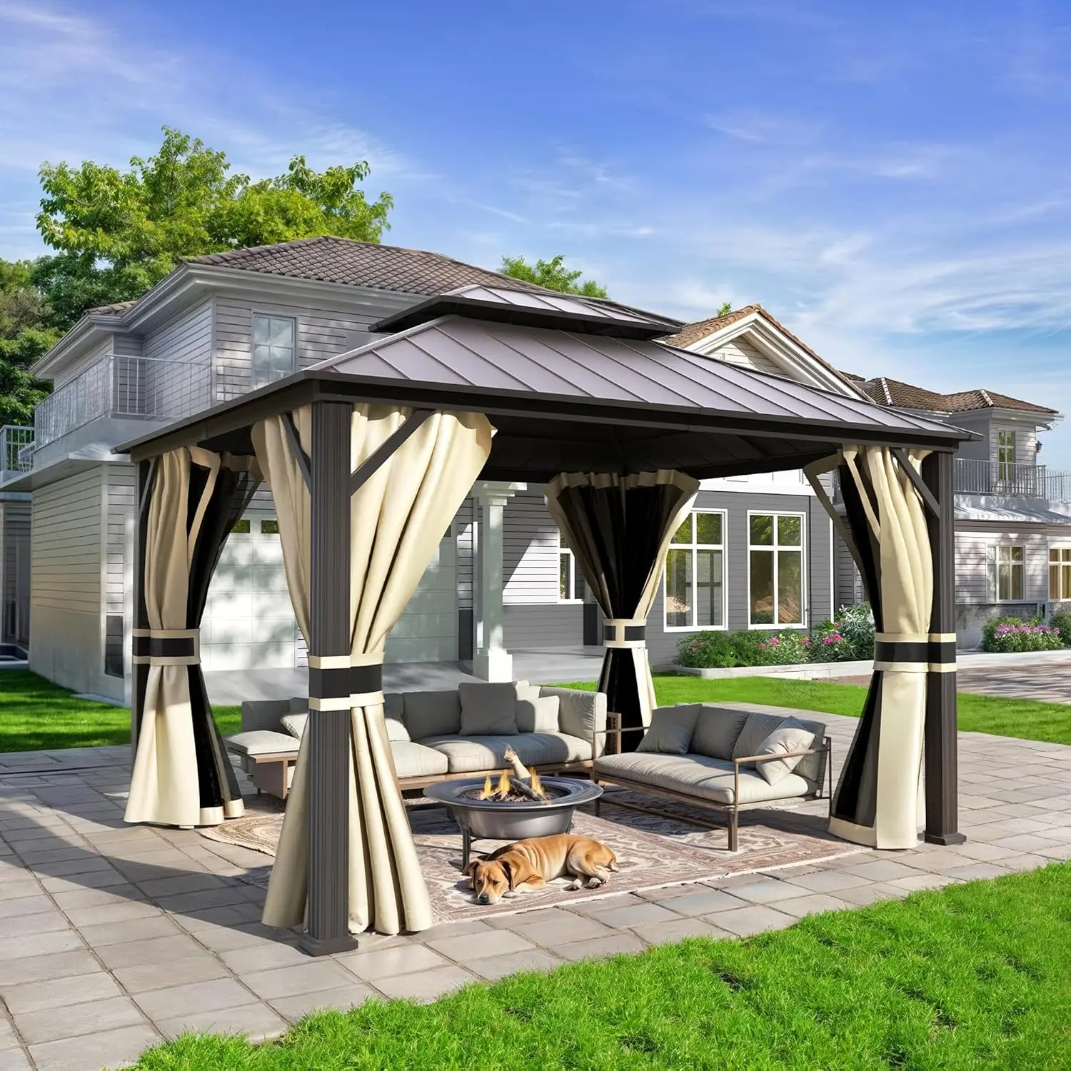 

10x12 Hardtop Gazebo Aluminum Frame Galvanized Steel Double Roof with Mosquito Netting & Curtains for Garden Patio, Custom
