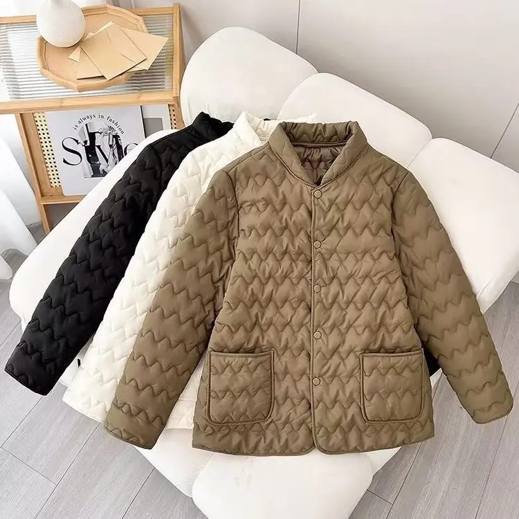 

Осень 2023, новинка, легкая хлопковая куртка с воротником-стойкой и ромбовидным узором, повседневная верхняя одежда, пуховое хлопковое пальто для женщин