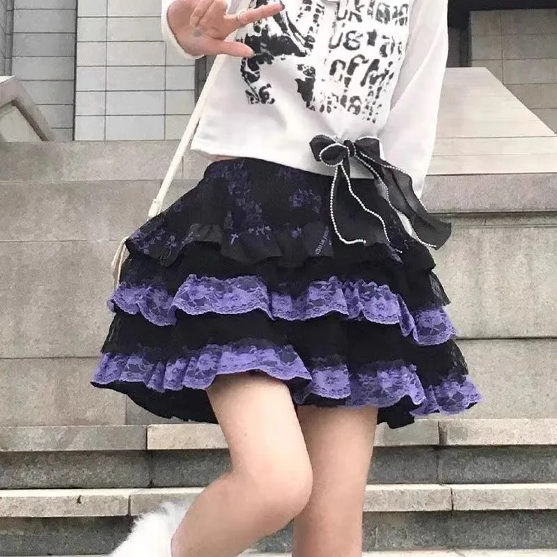 Japanese Subculture Purple Black Plaid Jupe Rock Layer Y2k 2000s Mini Harajuku Lace Cake Skirt Punk Pomp Women Skirts