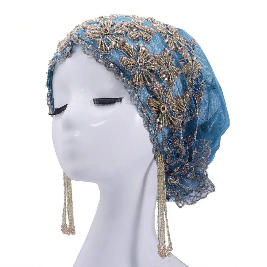 

Lace Beaded Tassel Headscarf Vintage Embroidered Rhinestone Headwrap For Wedding Celebration