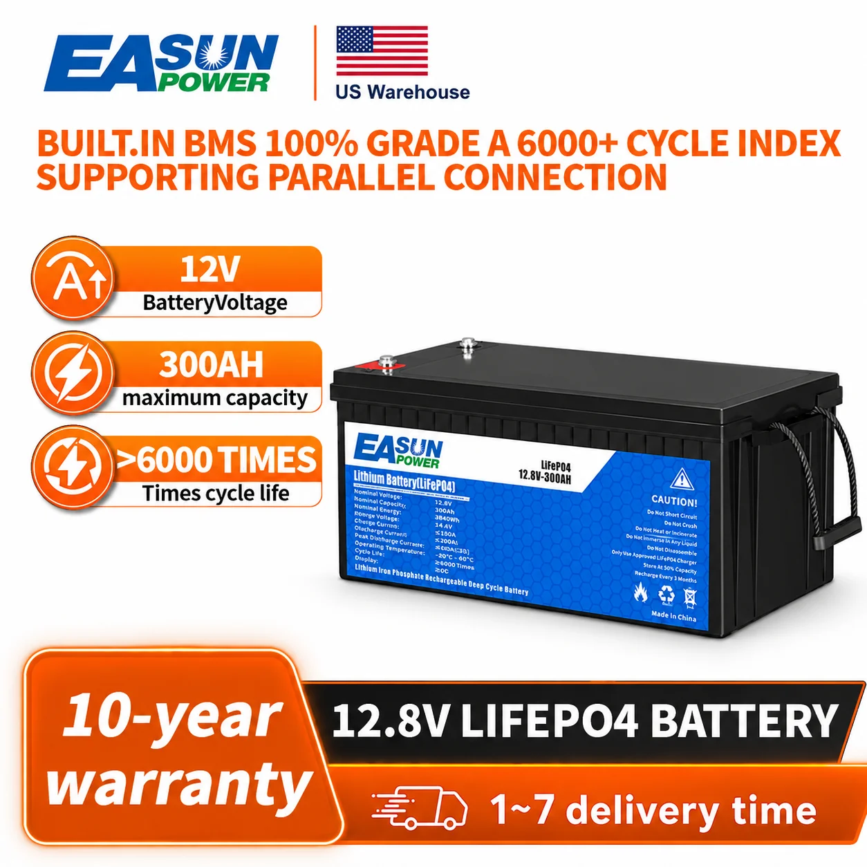 EASUN POWER 12V 300Ah LiFePO4 Battery Grade A 12.8V Cell Parallel and Customizable BMS+2000 Cycle Life America Stock For Home Storage For Fishing Portable Power Station Golf Cart Boat Marine Off-Grid Solar Power Bank