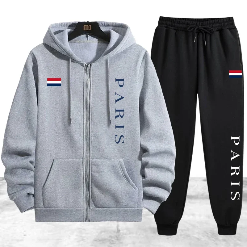 Paris Printing Men's Tracksuit Casual Zip Hooded Sweatshirts Coat Daily Sports Jogging Clothing Autumn Winter Single Tops Pants - view 3
