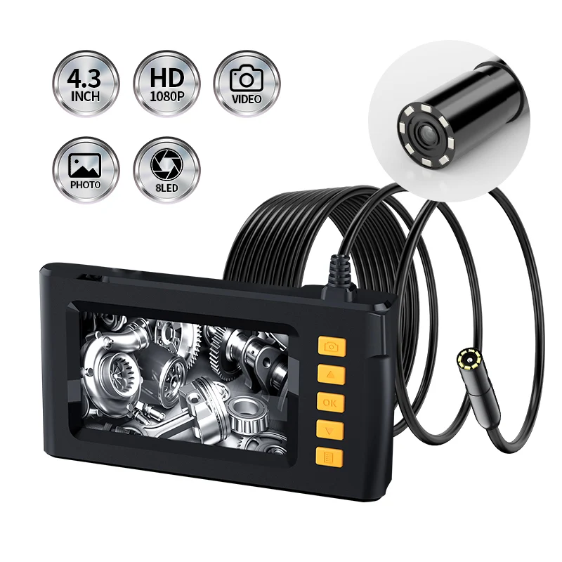 

Single & Dual Lens Industrial Endoscope 1080P Digital Borescope 8mm IP67 Waterproof Sewer Camera with 4.3" LCD 8 Adjustable LED