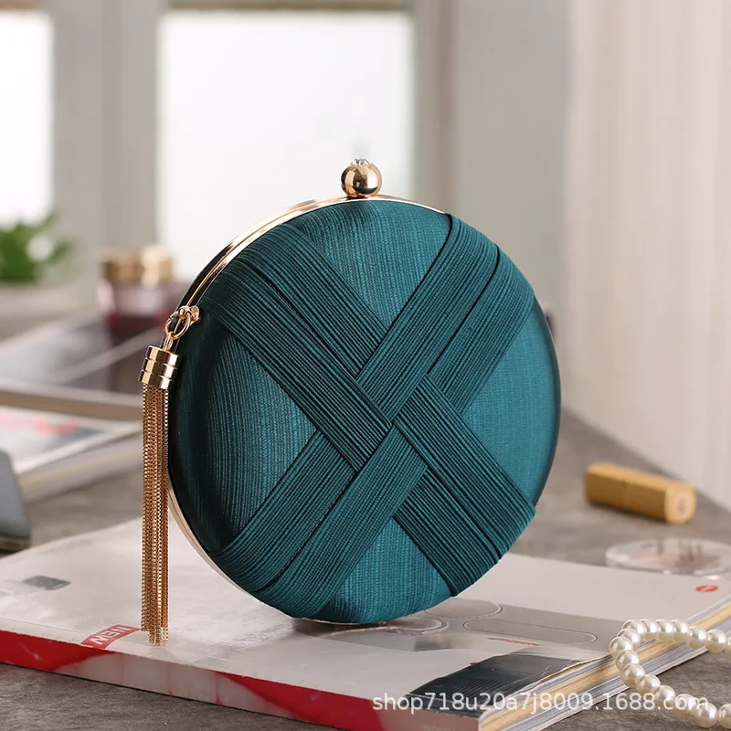 

Lady White/Gold/Green/Black Color Tassel Clutch Bag Women's Wedding Round Evening Dress Purses Celebrity Clutch Bags
