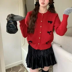 Knitted Cardigan Women Clothes 2024 French Korea Autumn Winter Love Splicing Lace Sweet Single Breasted Sweater Luxury Coat