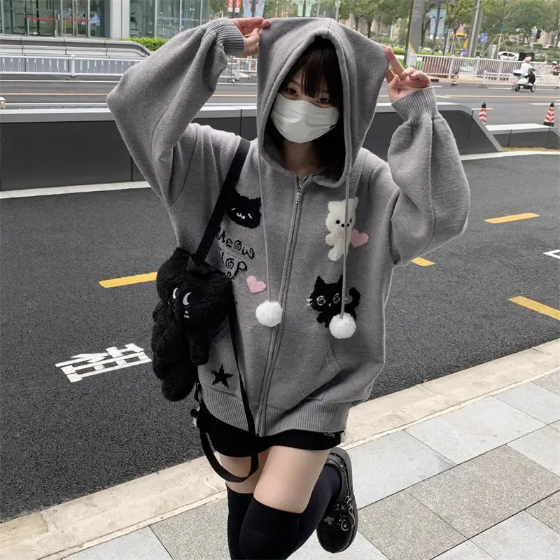 Women Y2k Gray Kawaii Eat Hooded Loose Sweaters Coats Cardigan Long Sleeve Cartoon Cat Korean Preppy Style Sueter Mujer