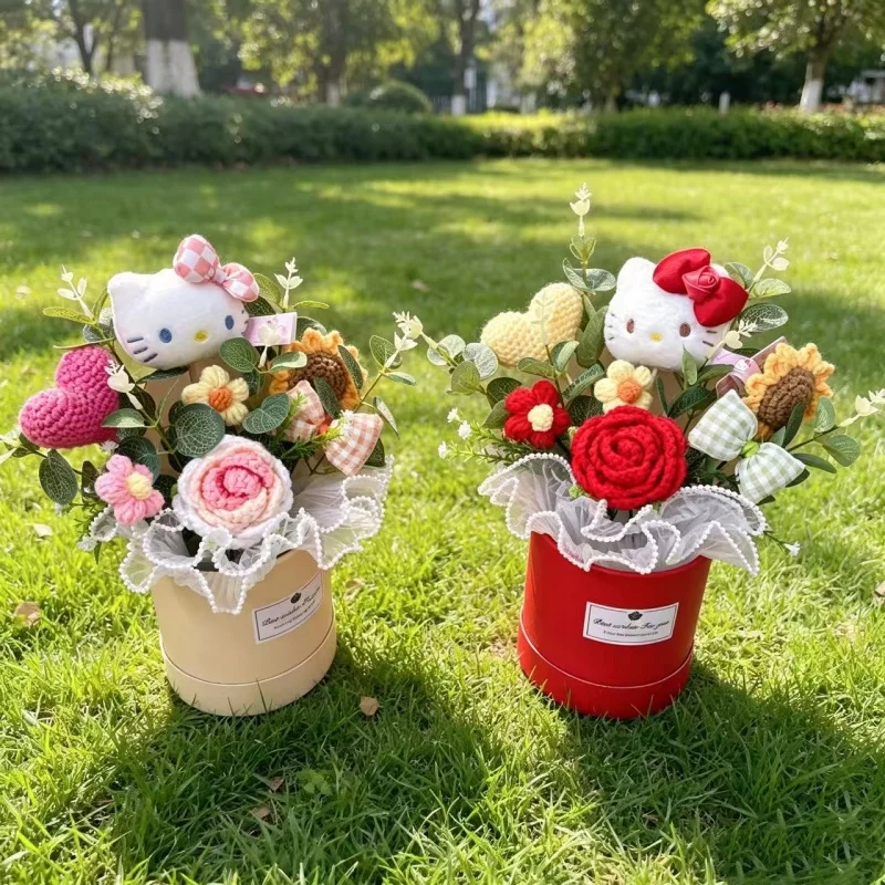Echte Hellokitty Plüschtiere mit Gehäkelten Blumen Kreative Sträuße Tischdekoration für Zuhause Weihnachts- Geburtstags- und Neujahrsgeschenk