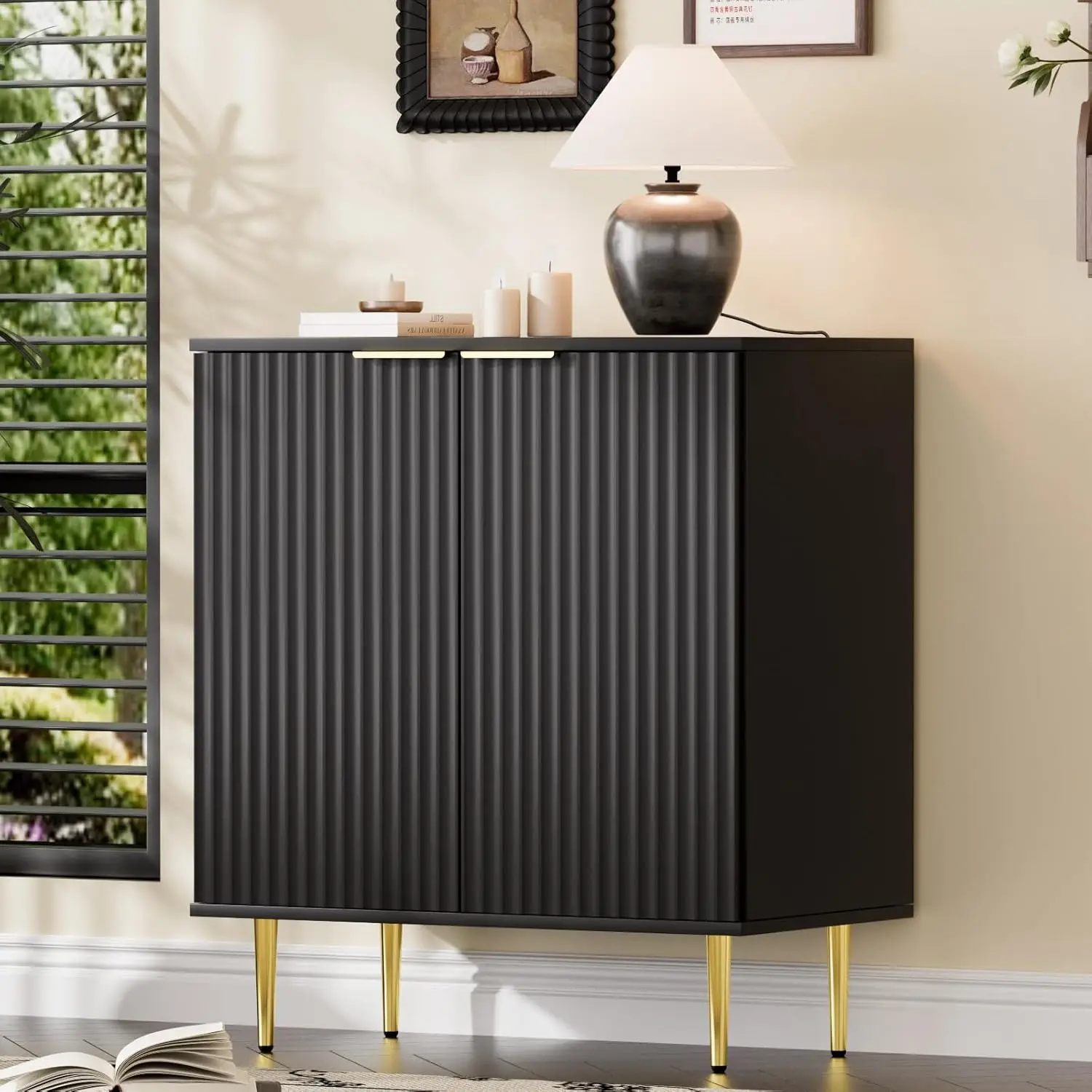 Black Wood Fluted Storage Cabinet with Adjustable Shelf and Gold Metal Legs for Living Room, Dining Room, Kitchen