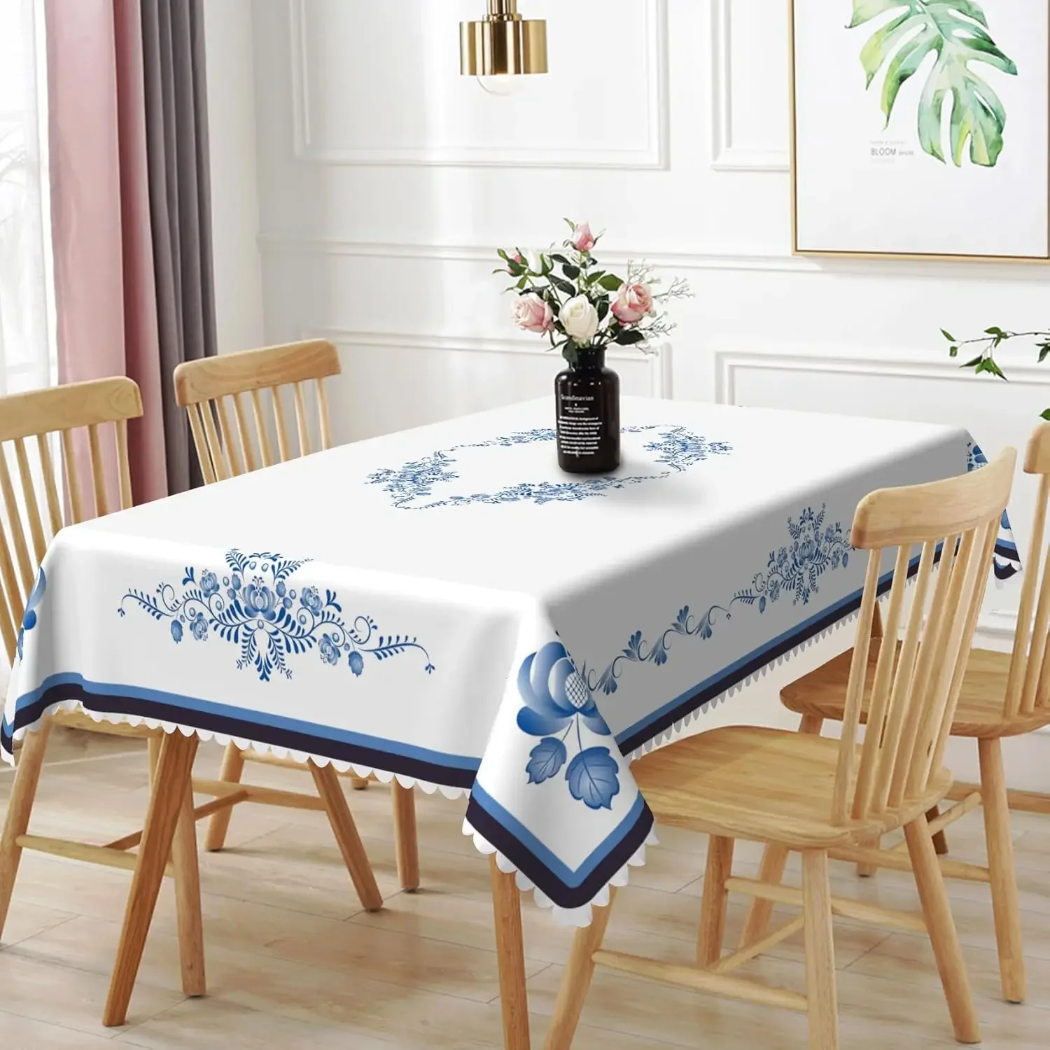 Elegant Blue Floral Waterproof Tablecloth for Dining Room Home Decor Spill Proof Table Cover