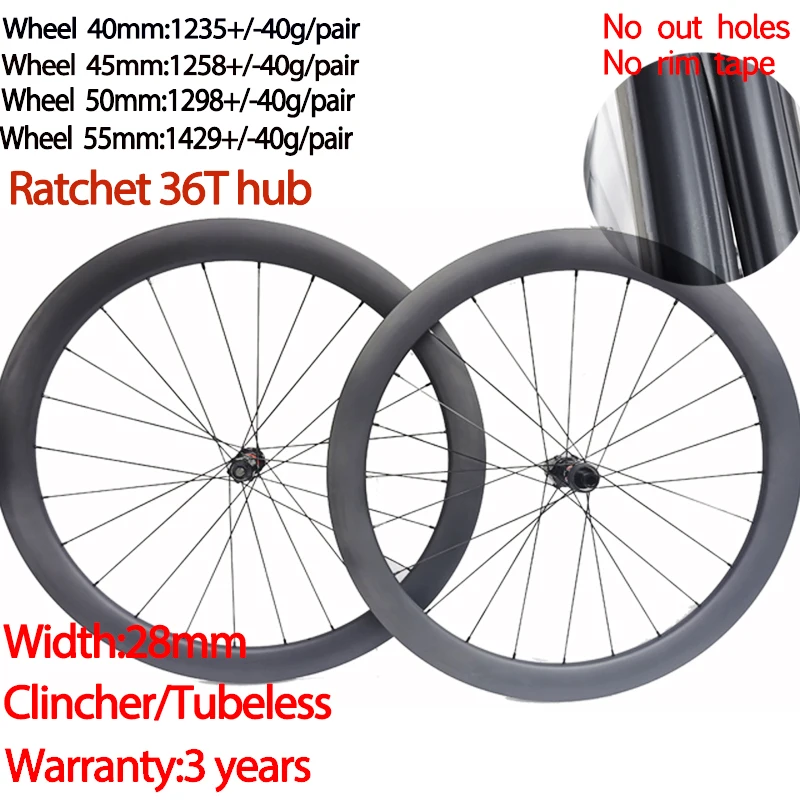 700C Carbon Fiber Road Bike Disc Wheelset Ultralight 1235g Road Disc Carbon Wheelset 40 45 50 55mm Ratchet 36T Hub Ceramic