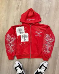 Hip hop Gothic Red Oversized Hoodie Sportswear Streetwear Zipper Hoodie Cross Letter Y2K Clothes Hoodie Pants psycho bunny