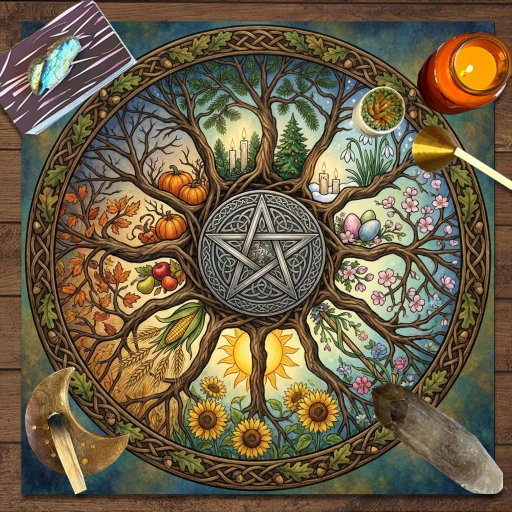 1pc European Occult‑Style Party Tablecloth, Dark‑blue Background Printed with Tree‑of‑Life, Pentagram and Natural Elements